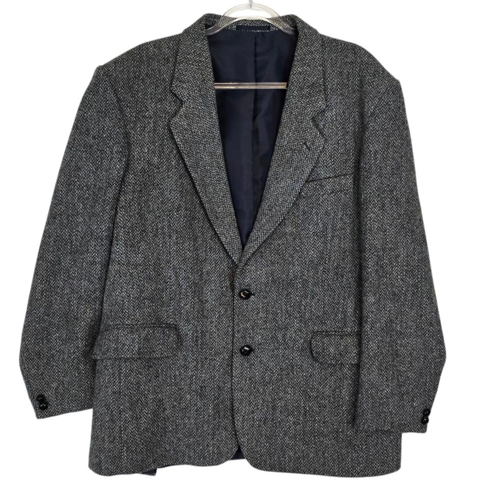 Vintage Harris Tweed Brook Taverner Blue Grey Wool Sport Coat Blazer 44R